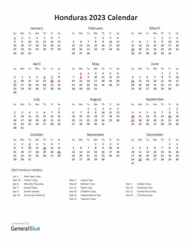 2023 Yearly Calendar Printable With Honduras Holidays