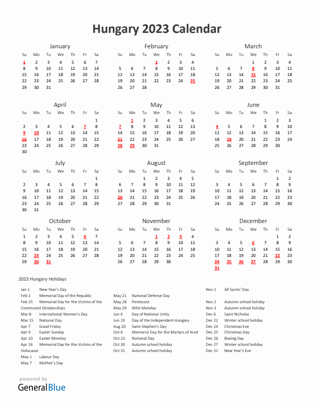 2023 Yearly Calendar Printable With Hungary Holidays