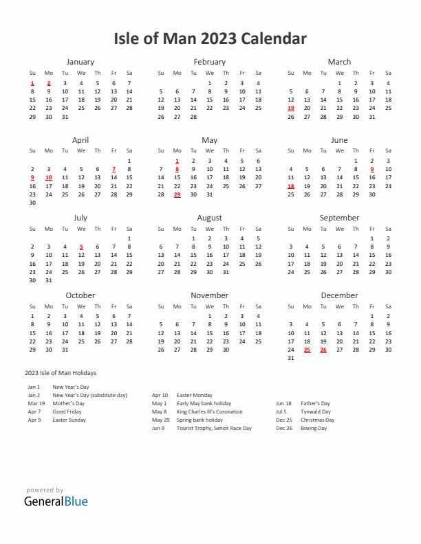 2023 Yearly Calendar Printable With Isle of Man Holidays