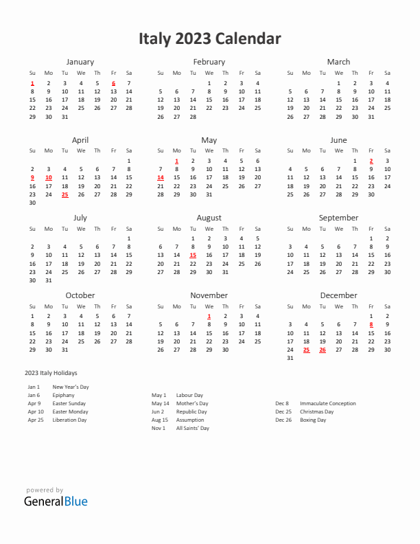 2023 Yearly Calendar Printable With Italy Holidays