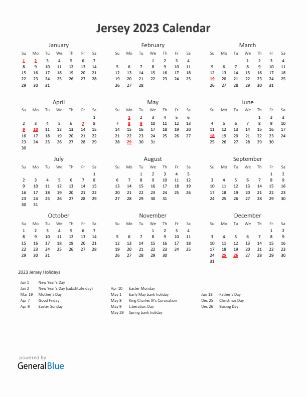 2023 Yearly Calendar Printable With Jersey Holidays