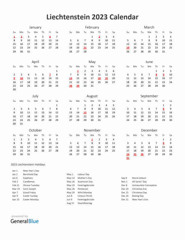 2023 Yearly Calendar Printable With Liechtenstein Holidays