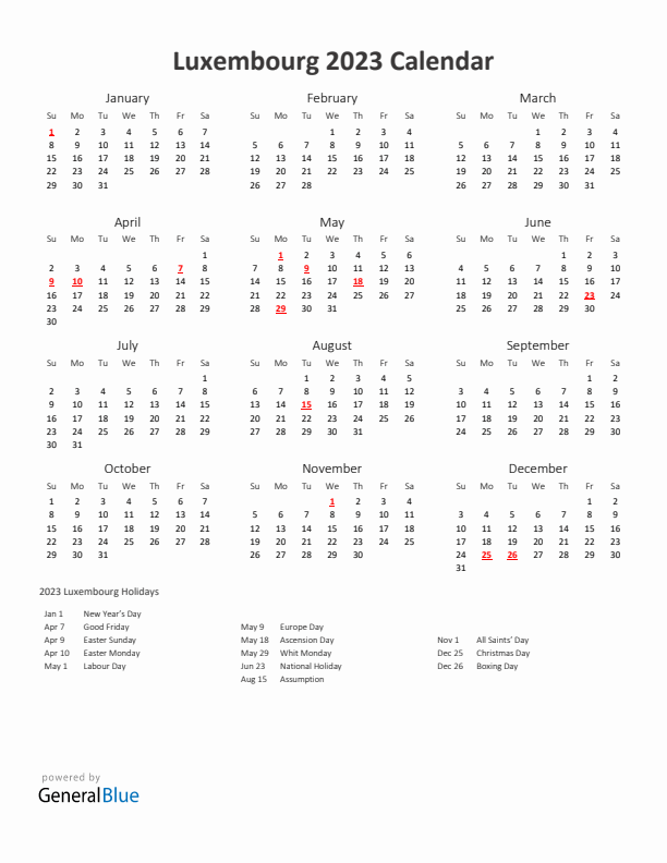 2023 Yearly Calendar Printable With Luxembourg Holidays