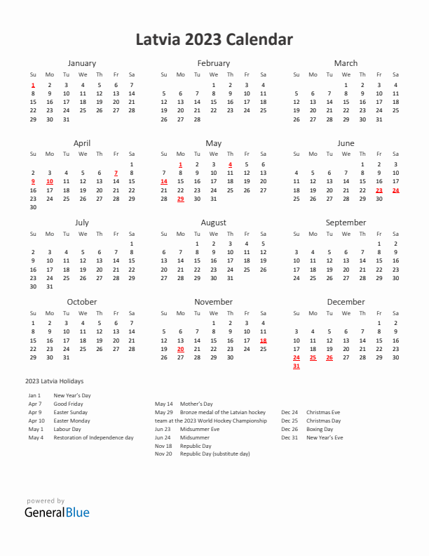 2023 Yearly Calendar Printable With Latvia Holidays