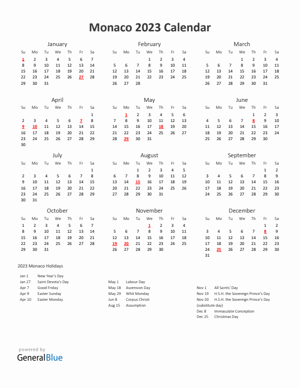 2023 Yearly Calendar Printable With Monaco Holidays