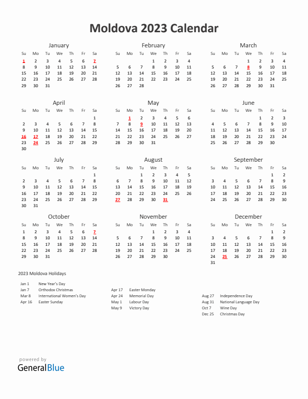 2023 Yearly Calendar Printable With Moldova Holidays