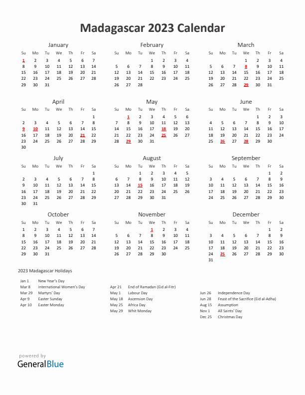 2023 Yearly Calendar Printable With Madagascar Holidays