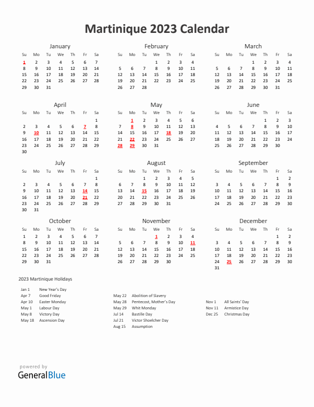 2023 Yearly Calendar Printable With Martinique Holidays