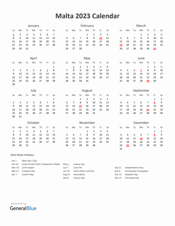 2023 Yearly Calendar Printable With Malta Holidays