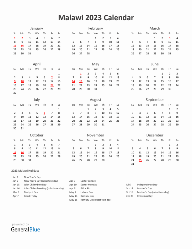 2023 Yearly Calendar Printable With Malawi Holidays