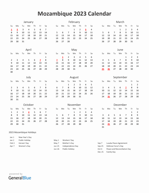 2023 Yearly Calendar Printable With Mozambique Holidays