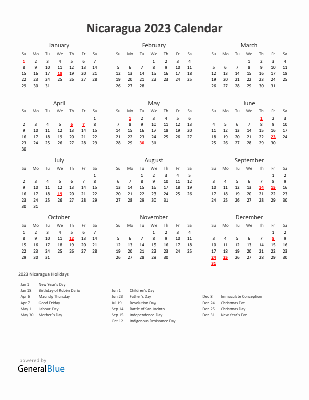 2023 Yearly Calendar Printable With Nicaragua Holidays