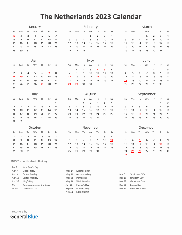 2023 Yearly Calendar Printable With The Netherlands Holidays