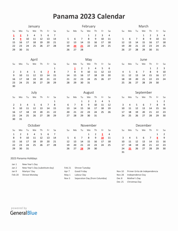 2023 Yearly Calendar Printable With Panama Holidays