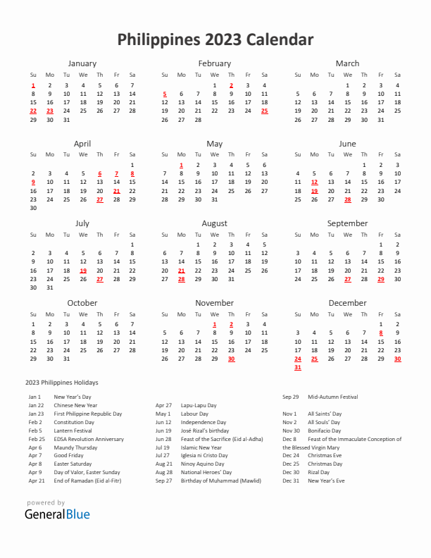 2023 Yearly Calendar Printable With Philippines Holidays