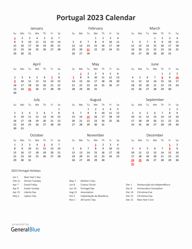 2023 Yearly Calendar Printable With Portugal Holidays