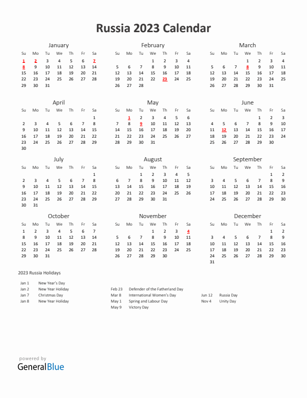 2023 Yearly Calendar Printable With Russia Holidays