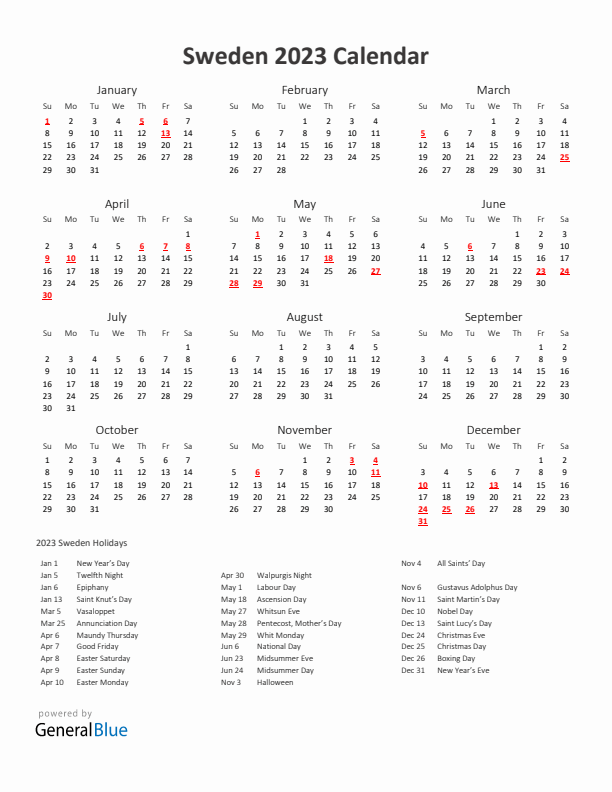 2023 Yearly Calendar Printable With Sweden Holidays