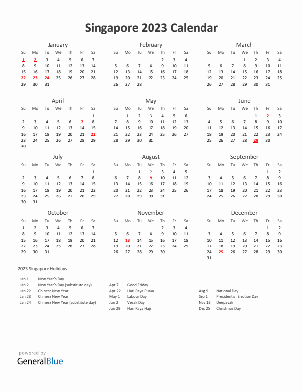 2023 Yearly Calendar Printable With Singapore Holidays