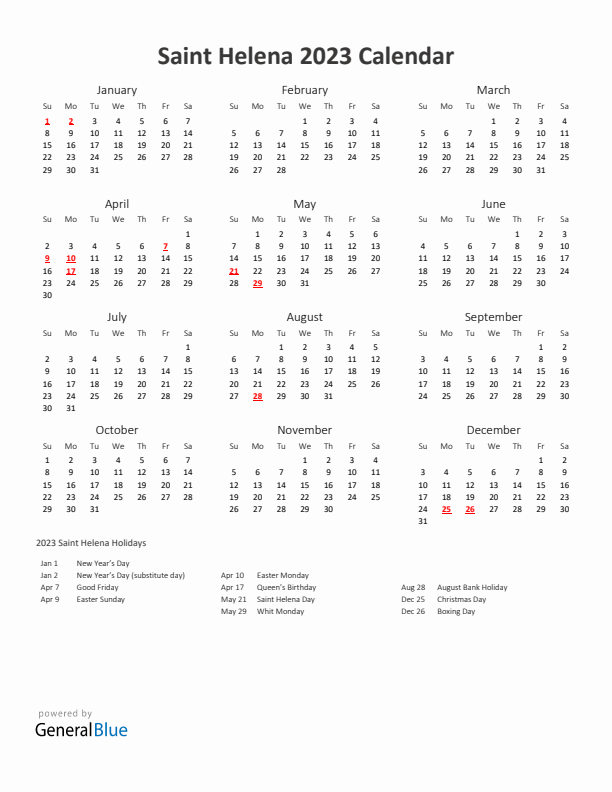 2023 Yearly Calendar Printable With Saint Helena Holidays