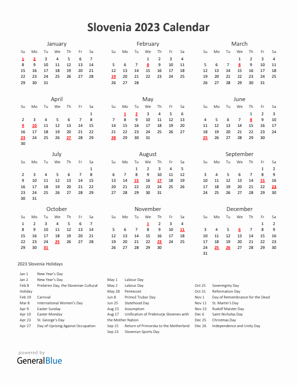 2023 Yearly Calendar Printable With Slovenia Holidays