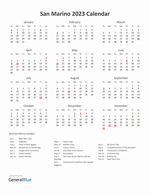 2023 Yearly Calendar Printable With San Marino Holidays