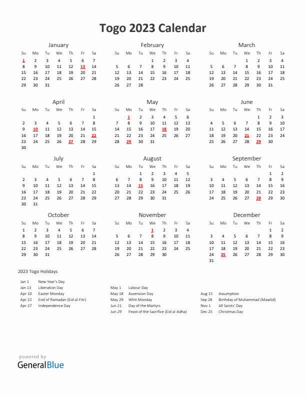 2023 Yearly Calendar Printable With Togo Holidays