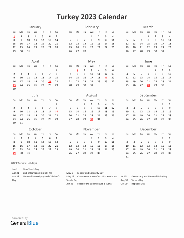 2023 Yearly Calendar Printable With Turkey Holidays