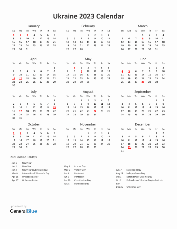 2023 Yearly Calendar Printable With Ukraine Holidays