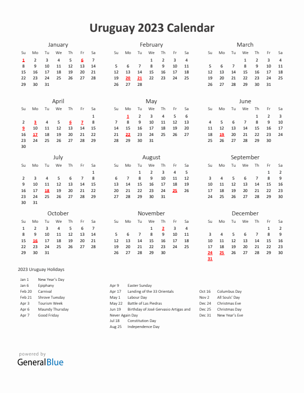 2023 Yearly Calendar Printable With Uruguay Holidays