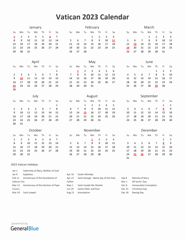 2023 Yearly Calendar Printable With Vatican Holidays