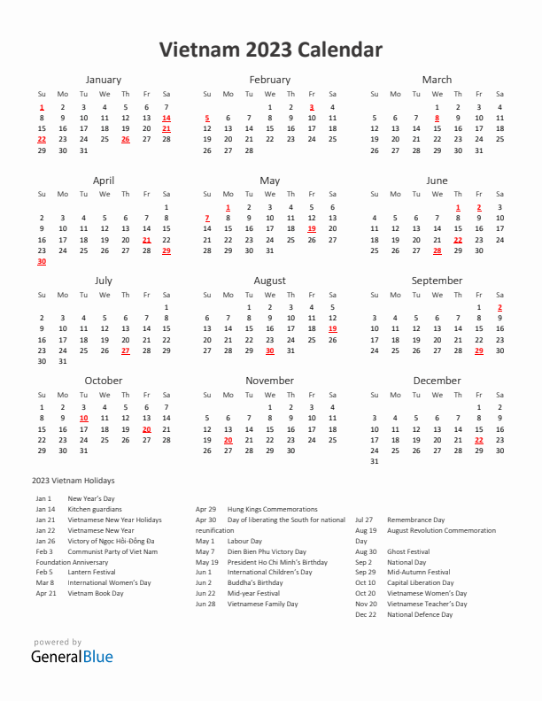 2023 Yearly Calendar Printable With Vietnam Holidays