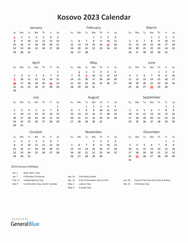 2023 Yearly Calendar Printable With Kosovo Holidays