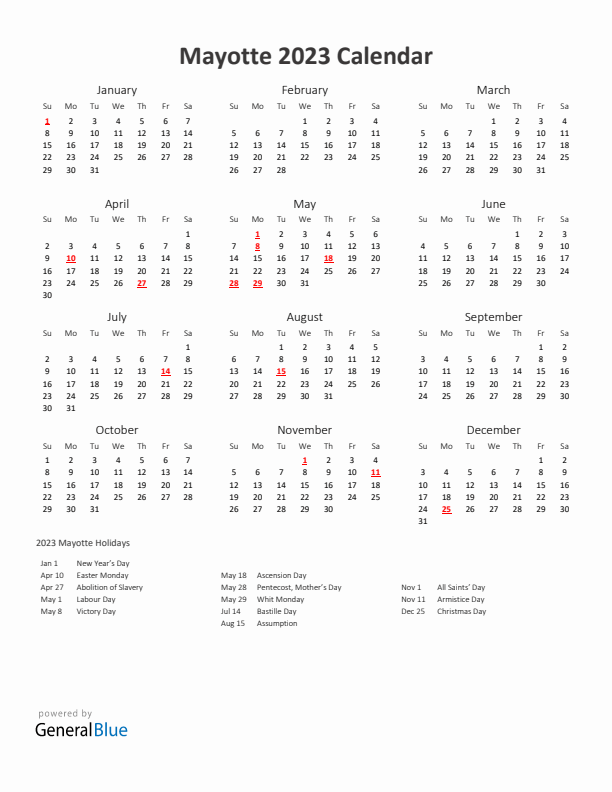 2023 Yearly Calendar Printable With Mayotte Holidays