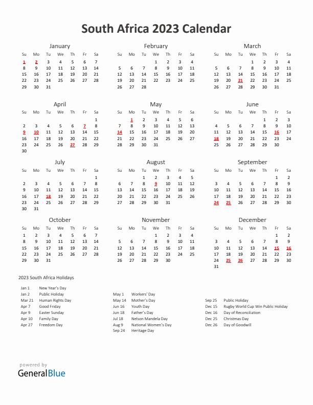 2023 Yearly Calendar Printable With South Africa Holidays