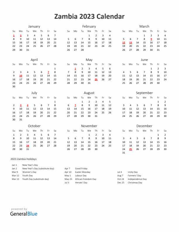 2023 Yearly Calendar Printable With Zambia Holidays