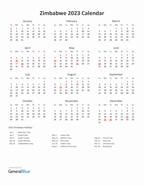 2023 Yearly Calendar Printable With Zimbabwe Holidays