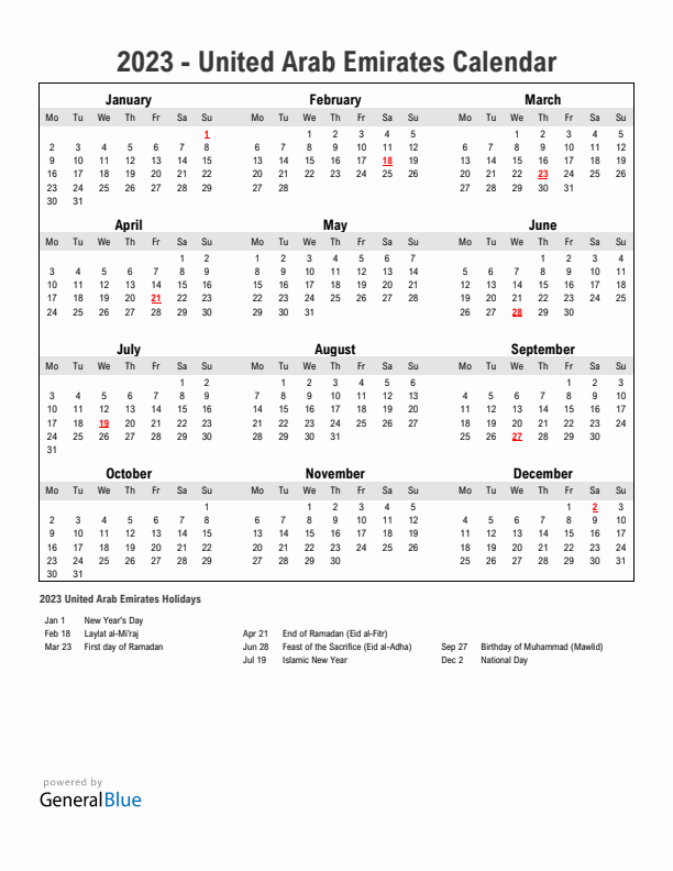 Year 2023 Simple Calendar With Holidays in United Arab Emirates