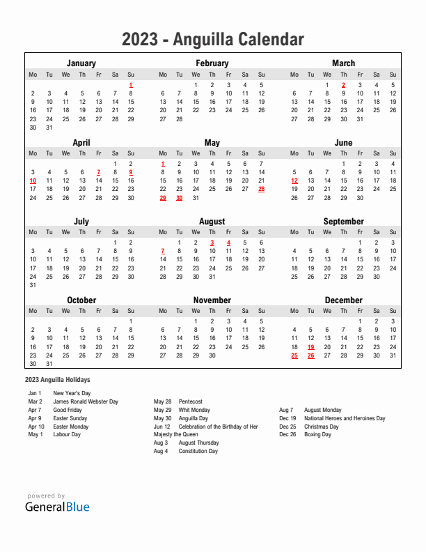 Year 2023 Simple Calendar With Holidays in Anguilla