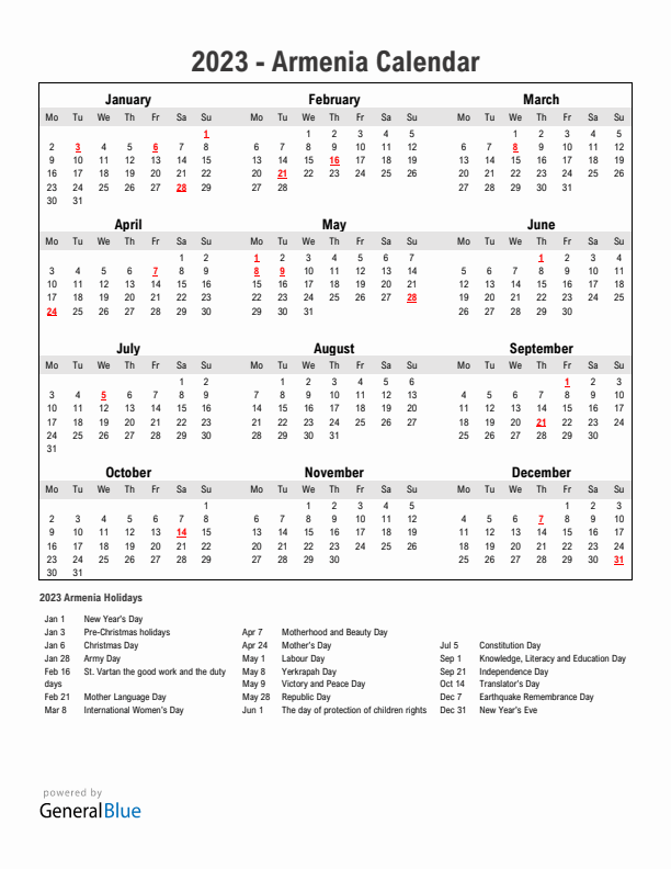 Year 2023 Simple Calendar With Holidays in Armenia