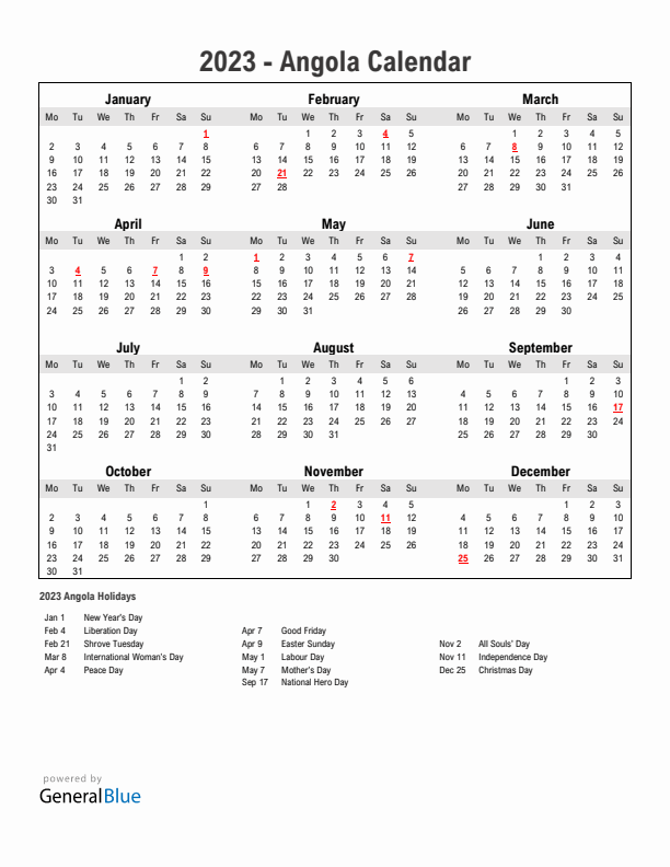 Year 2023 Simple Calendar With Holidays in Angola