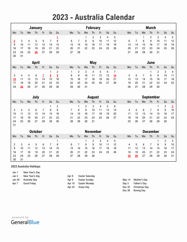 Year 2023 Simple Calendar With Holidays in Australia