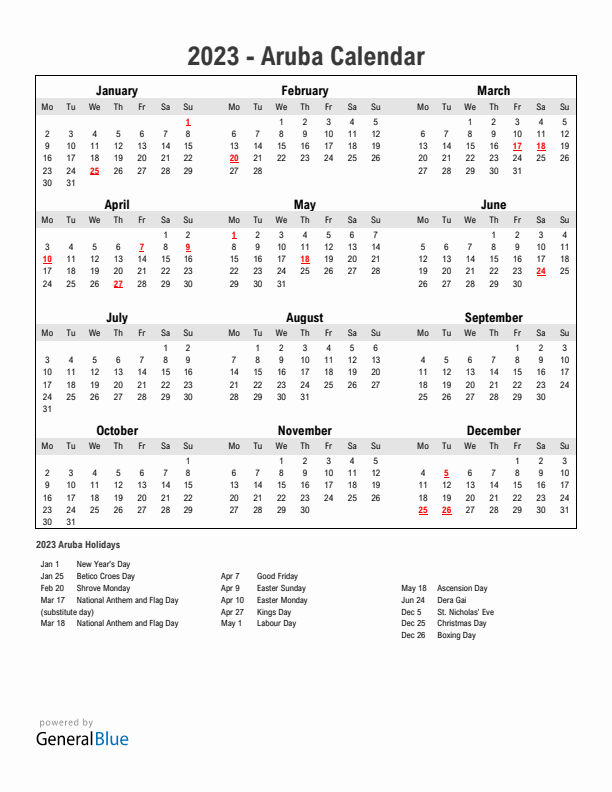 Year 2023 Simple Calendar With Holidays in Aruba