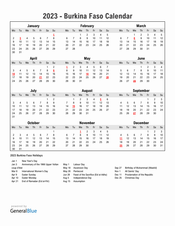 Year 2023 Simple Calendar With Holidays in Burkina Faso