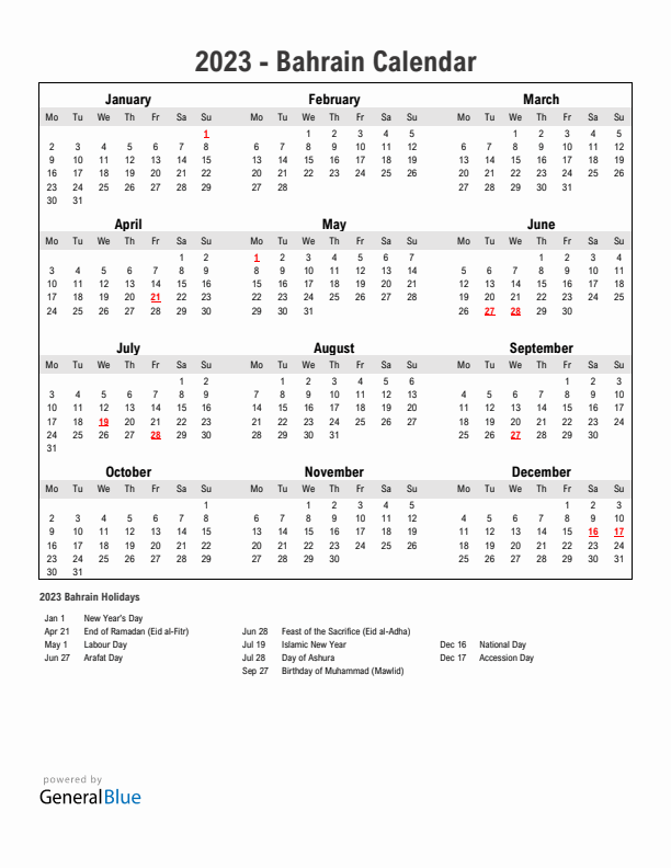 Year 2023 Simple Calendar With Holidays in Bahrain