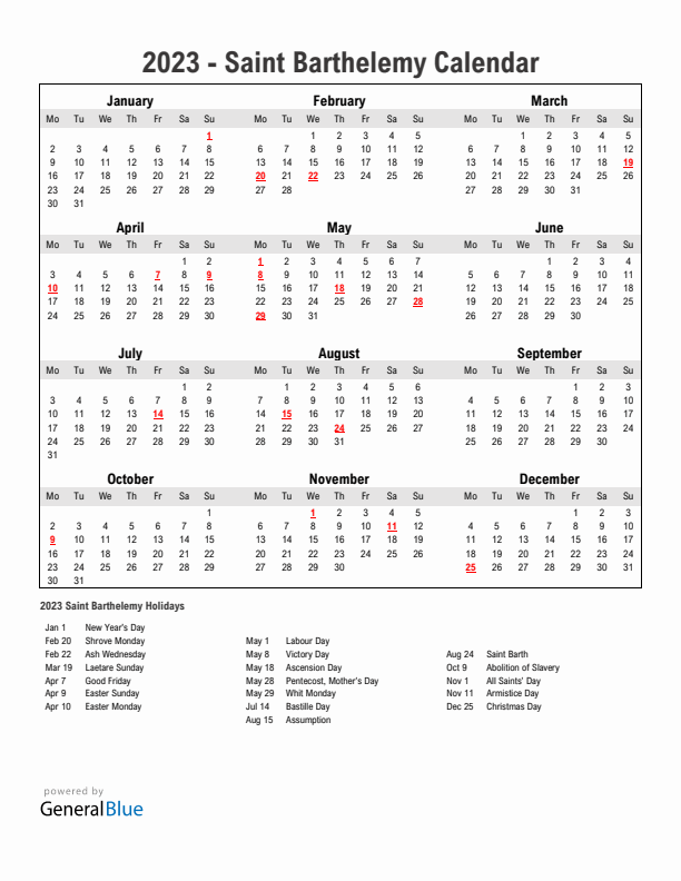 Year 2023 Simple Calendar With Holidays in Saint Barthelemy