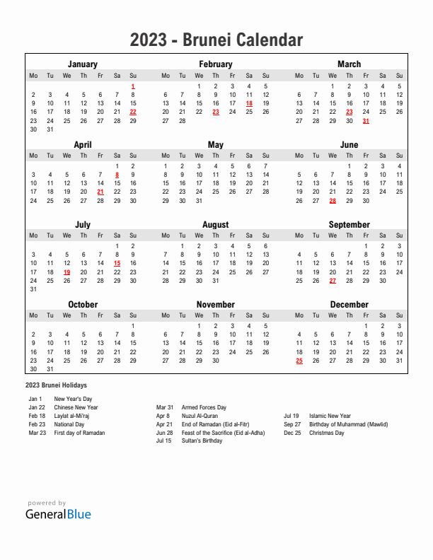 Year 2023 Simple Calendar With Holidays in Brunei