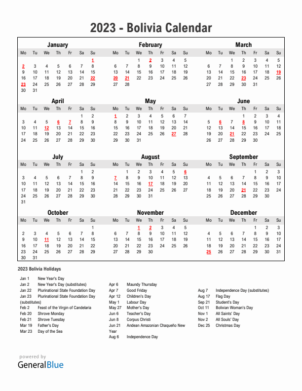 Year 2023 Simple Calendar With Holidays in Bolivia