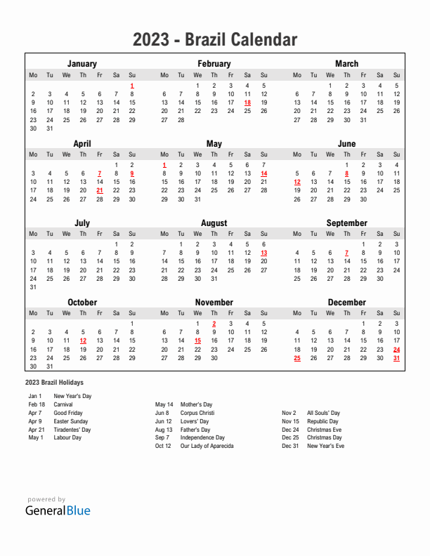 Year 2023 Simple Calendar With Holidays in Brazil