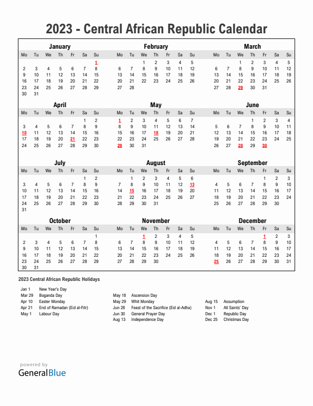 Year 2023 Simple Calendar With Holidays in Central African Republic